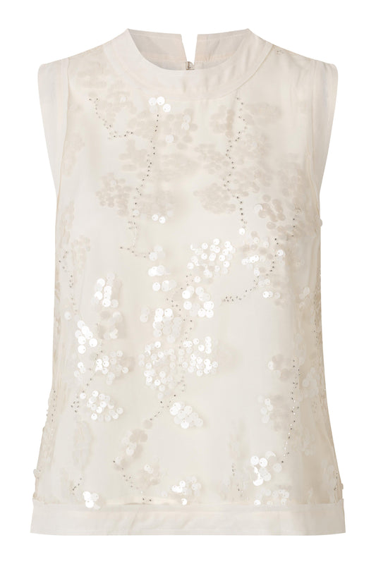 White sleeveless top with sequin detailing on a white background from secnd female