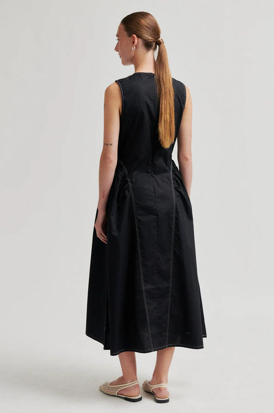 model wearing black structured dress from the rear 