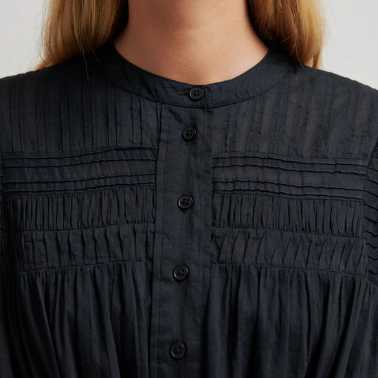 close up of the black dress on a model