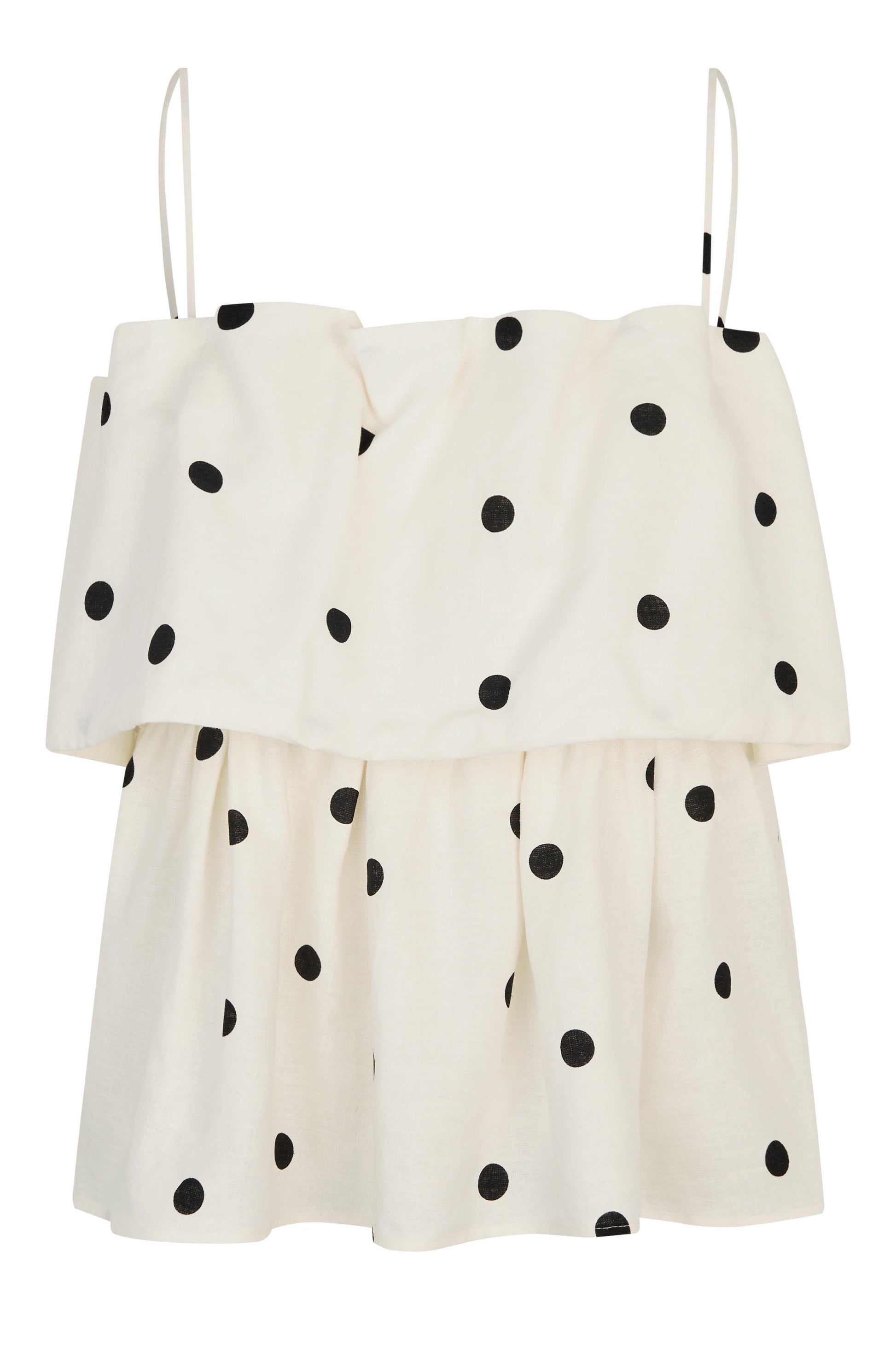 spaghetti strap top in white with black polka dot from second female