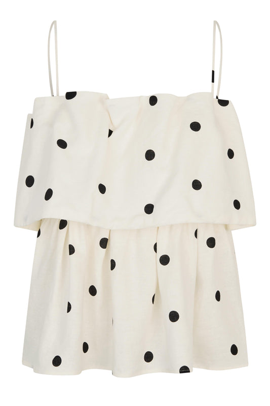 spaghetti strap top in white with black polka dot from second female