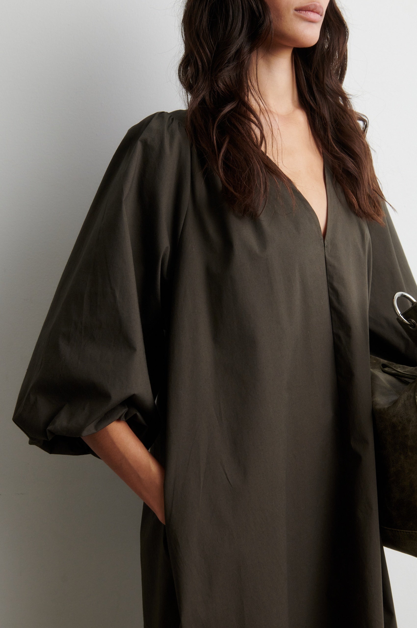 V neck dark khaki dress from Second Female