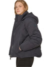 navy blue down jacket with diamond stitch design, zipped away hood and side pockets  model shot 