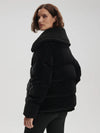 black oversized puffer with sherpa collar and 2 front flap pockets  rear view 