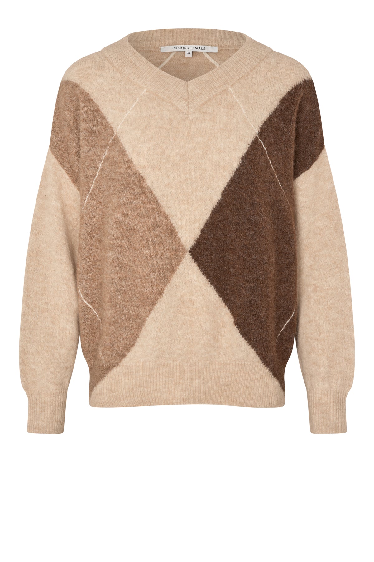 Beige and brown patterned sweater on a white background