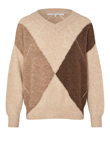 Beige and brown patterned sweater on a white background