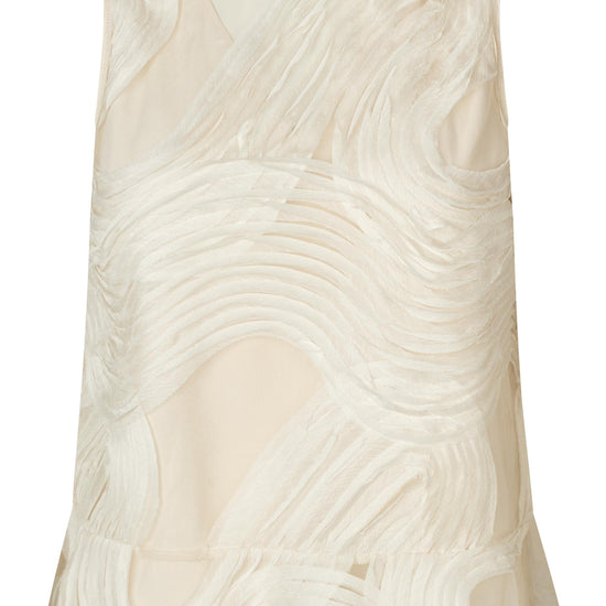 An off-white sleeveless top with a textured, wavy 3D pattern and sheer mesh panels, shown against a plain white background.
