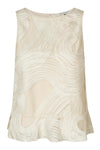 An off-white sleeveless top with a textured, wavy 3D pattern and sheer mesh panels, shown against a plain white background.
