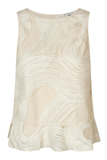 An off-white sleeveless top with a textured, wavy 3D pattern and sheer mesh panels, shown against a plain white background.