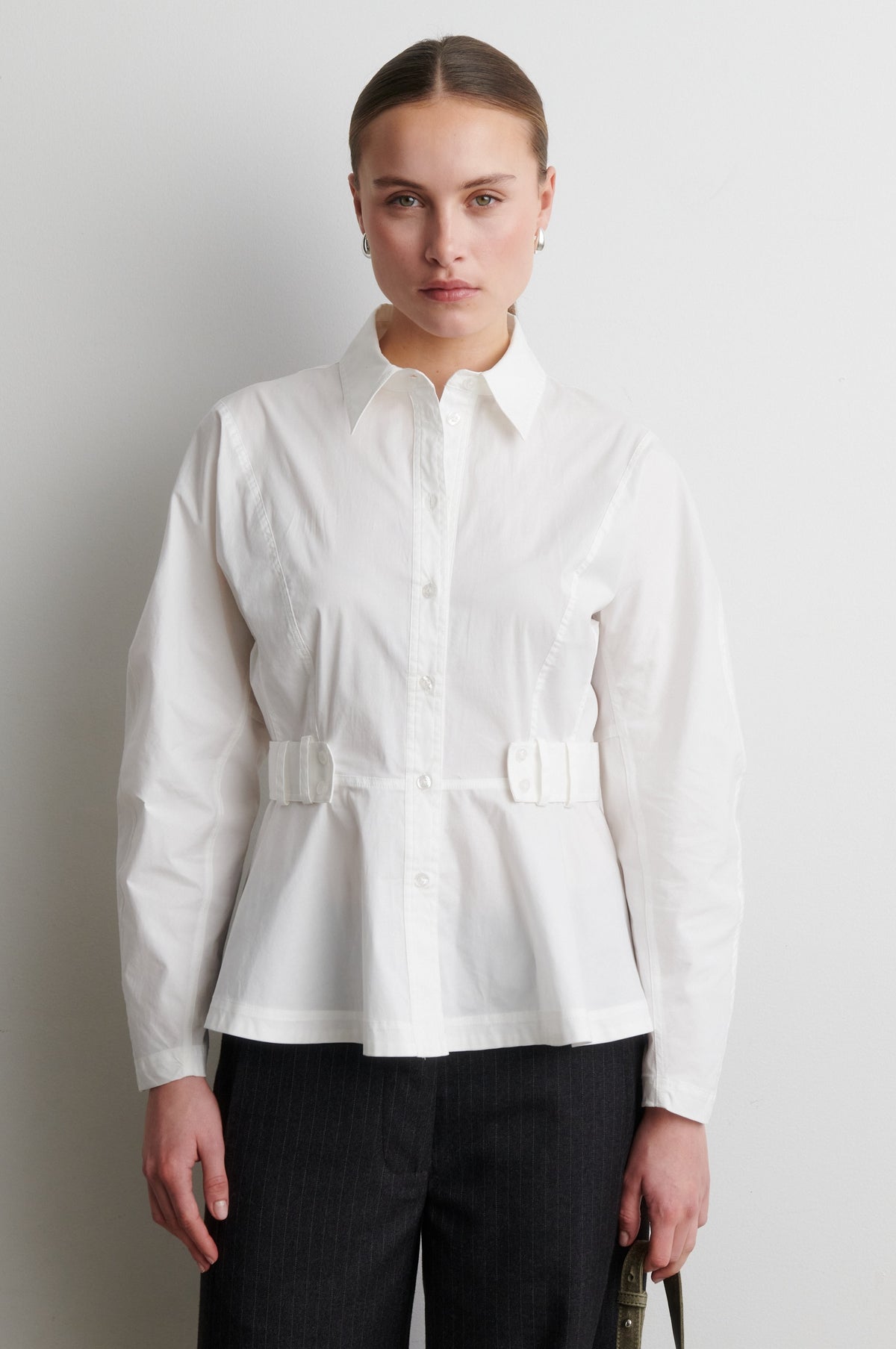 White collared shirt with long sleeves and waist detail from Second Female