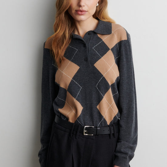 Polo shirt style knit in grey and camel worn with black trousers from Second Female