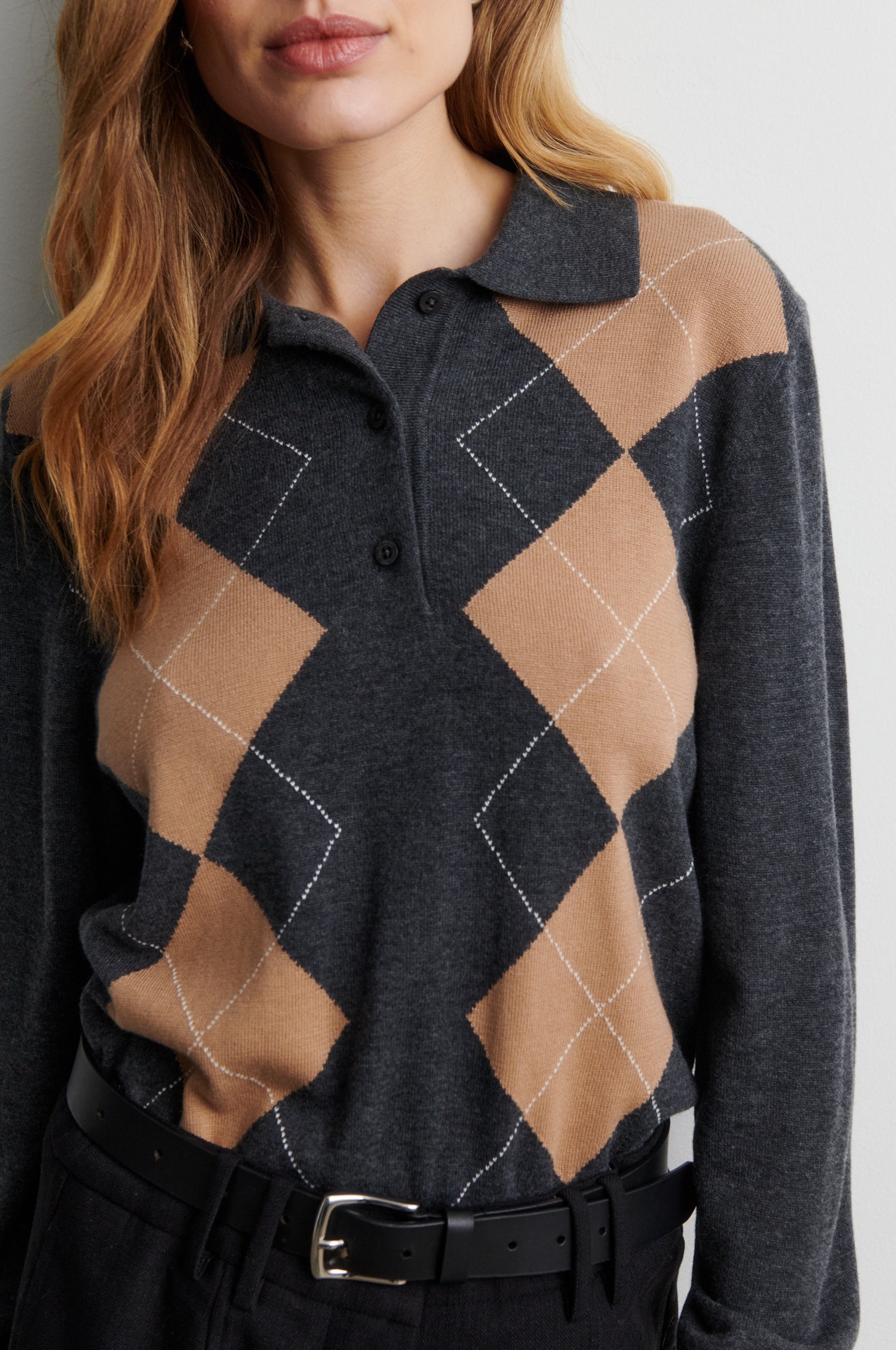 Close up of knit detail of grey collared knit from Second Female
