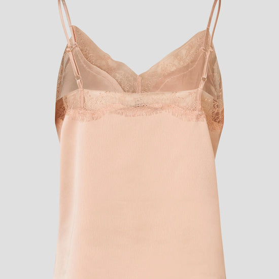 Rear view of pale pink lave trim camisole with adjustable straps
