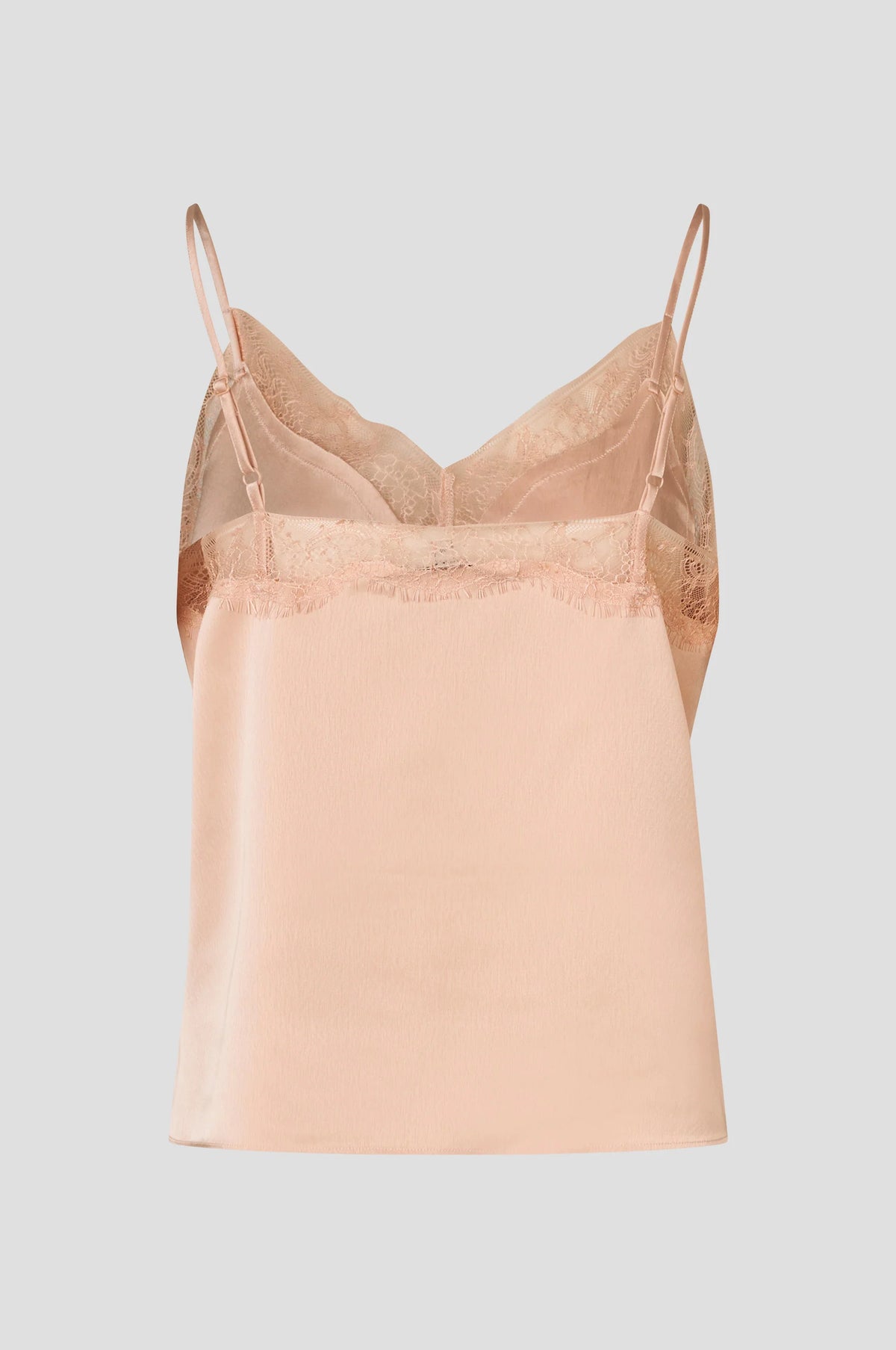 Rear view of pale pink lave trim camisole with adjustable straps