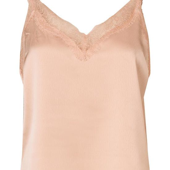 A light peach satin camisole top with thin spaghetti straps and a delicate lace V-neckline, shown against a plain white background.