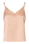 A light peach satin camisole top with thin spaghetti straps and a delicate lace V-neckline, shown against a plain white background.