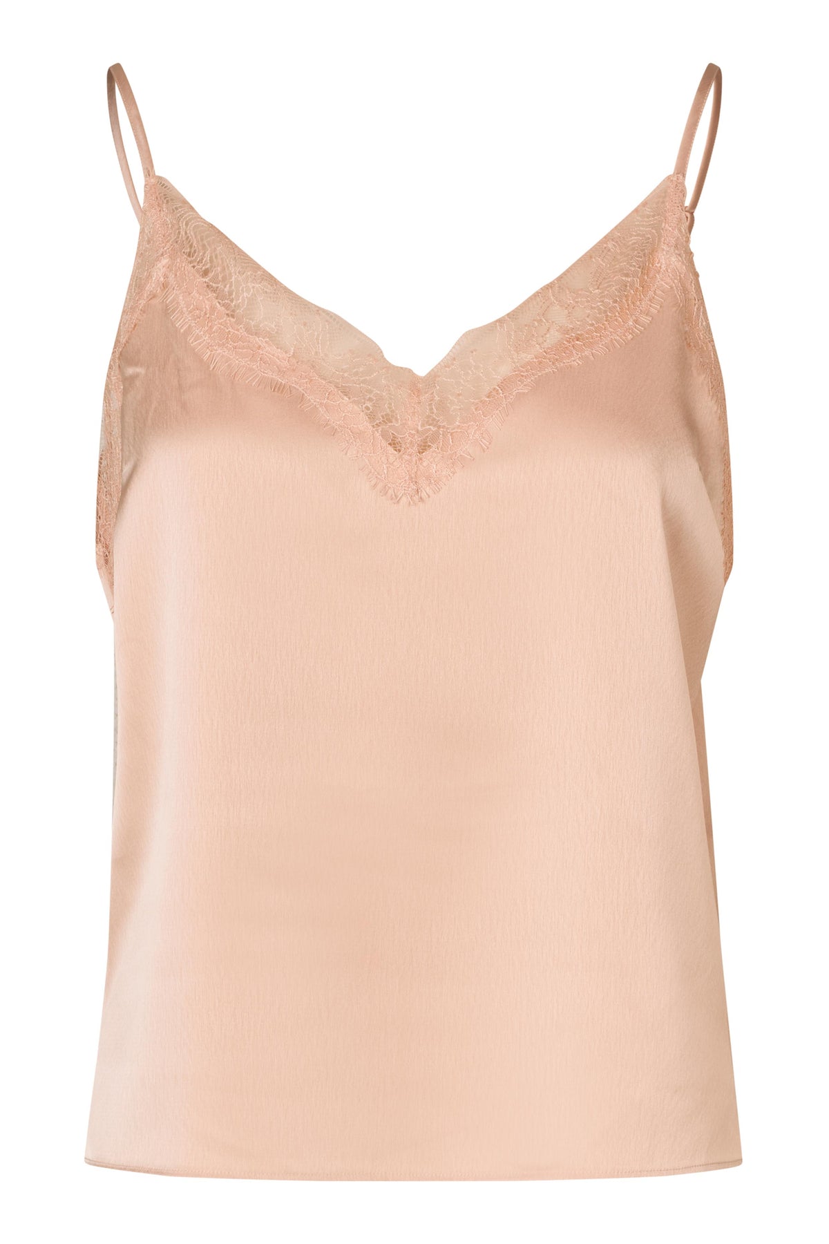 A light peach satin camisole top with thin spaghetti straps and a delicate lace V-neckline, shown against a plain white background.