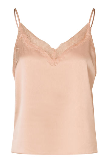 A light peach satin camisole top with thin spaghetti straps and a delicate lace V-neckline, shown against a plain white background.