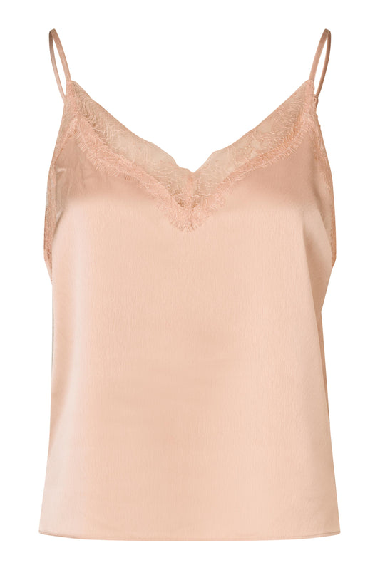 A light peach satin camisole top with thin spaghetti straps and a delicate lace V-neckline, shown against a plain white background.