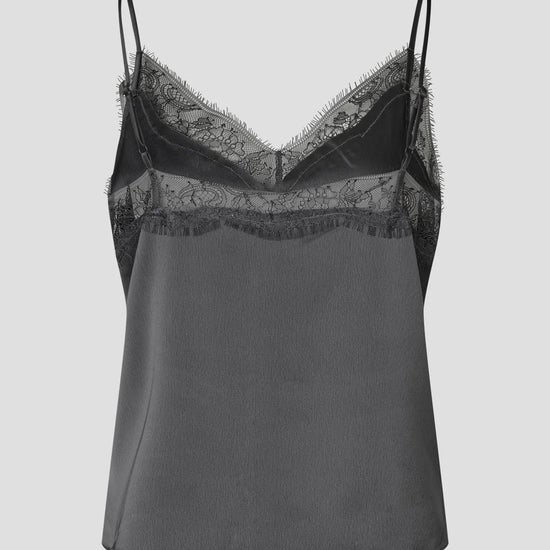 reverse view of a flat lay of a grey satin vest top with lace trim on the top 