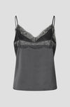 reverse view of a flat lay of a grey satin vest top with lace trim on the top 
