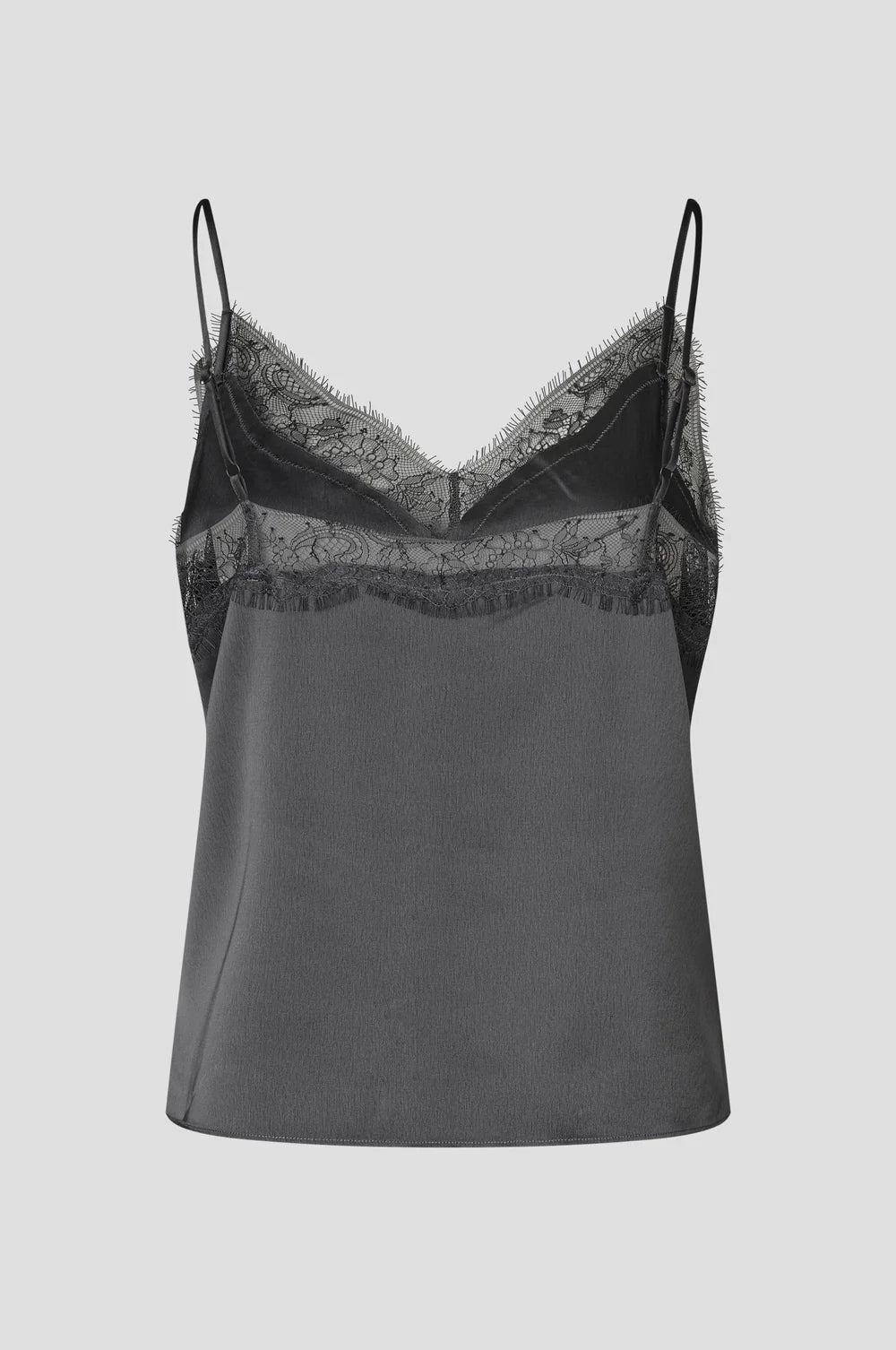 reverse view of a flat lay of a grey satin vest top with lace trim on the top 