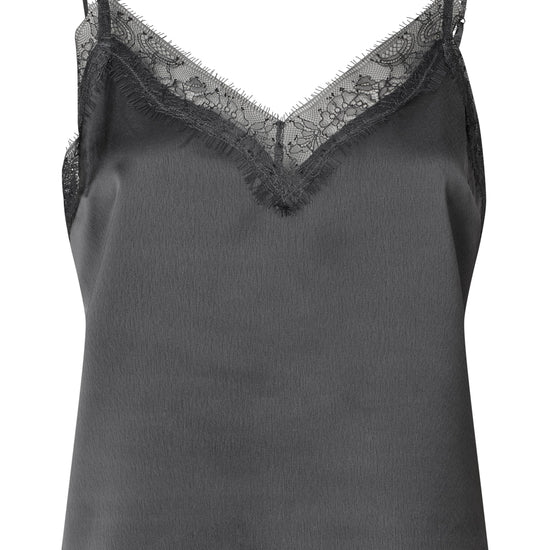 A dark gray satin camisole top with thin straps and a lace-trimmed V-neckline, shown against a plain white background.