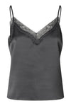 A dark gray satin camisole top with thin straps and a lace-trimmed V-neckline, shown against a plain white background.