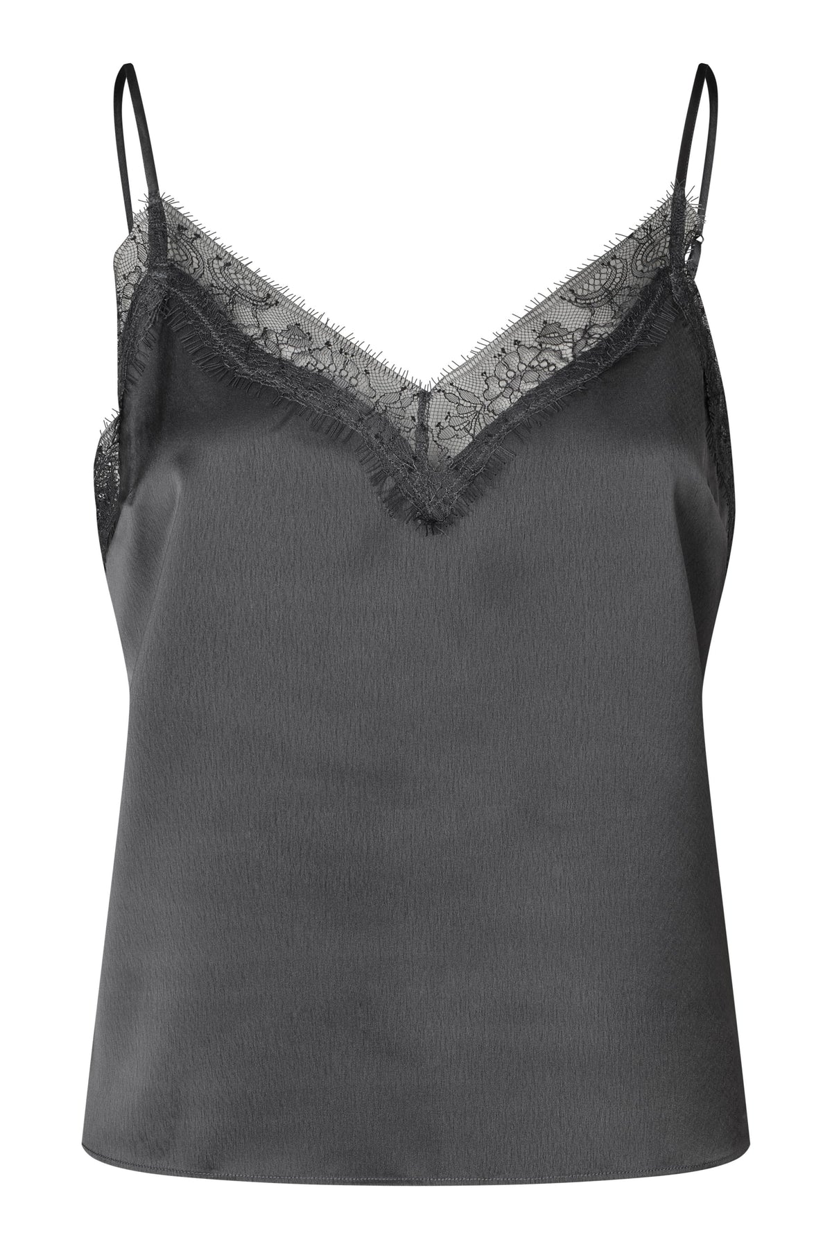 A dark gray satin camisole top with thin straps and a lace-trimmed V-neckline, shown against a plain white background.
