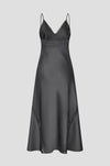 A dark gray satin slip dress with thin spaghetti straps and subtle lace detailing, shown against a solid light gray background.