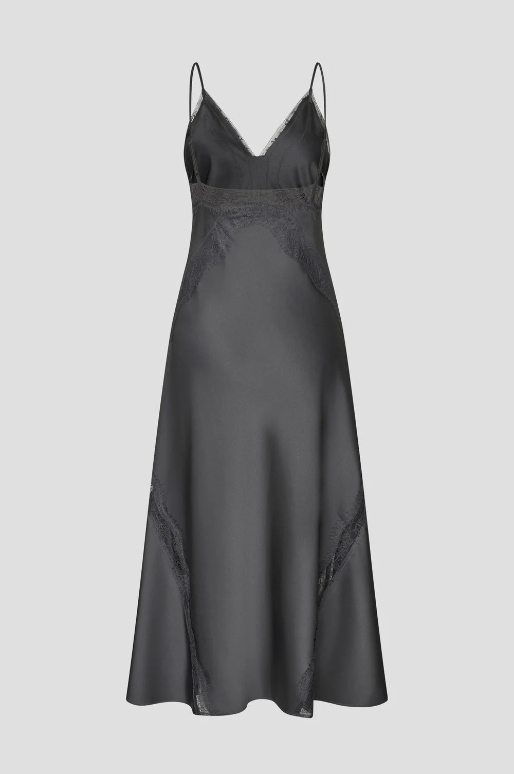 A dark gray satin slip dress with thin spaghetti straps and subtle lace detailing, shown against a solid light gray background.