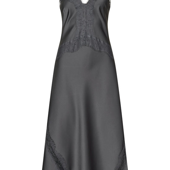 A dark gray satin slip dress with black lace trim along the V-neckline, bustier bodice, and lower skirt, shown against a plain white background.
