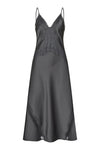 A dark gray satin slip dress with black lace trim along the V-neckline, bustier bodice, and lower skirt, shown against a plain white background.