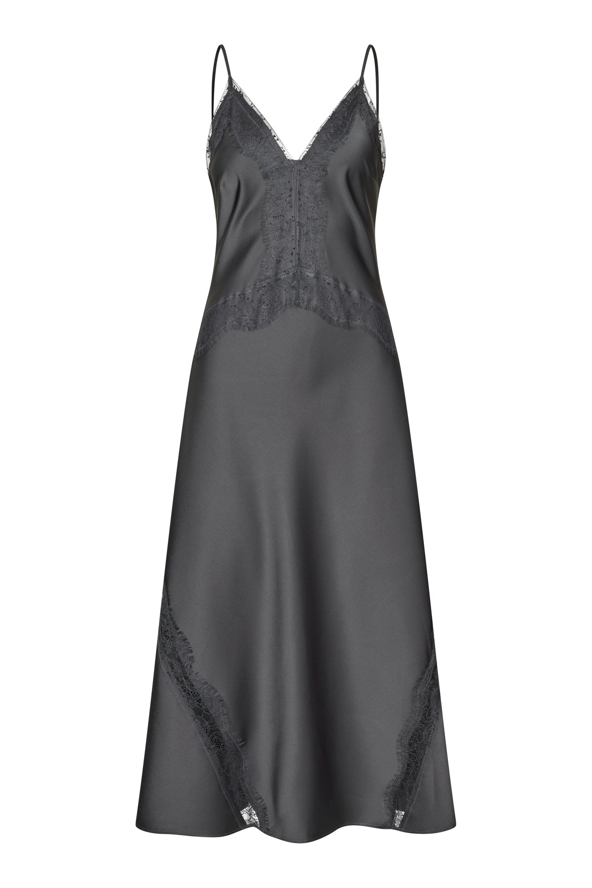 A dark gray satin slip dress with black lace trim along the V-neckline, bustier bodice, and lower skirt, shown against a plain white background.