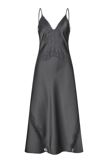 A dark gray satin slip dress with black lace trim along the V-neckline, bustier bodice, and lower skirt, shown against a plain white background.