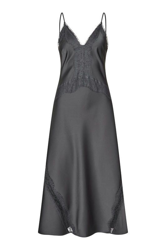 A dark gray satin slip dress with black lace trim along the V-neckline, bustier bodice, and lower skirt, shown against a plain white background.