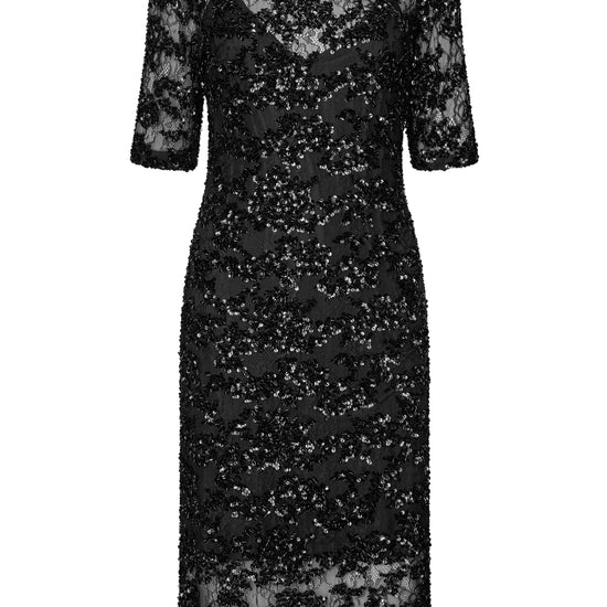 A black lace and sequin midi dress with elbow-length sleeves, shown against a plain white background.