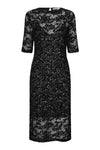 A black lace and sequin midi dress with elbow-length sleeves, shown against a plain white background.