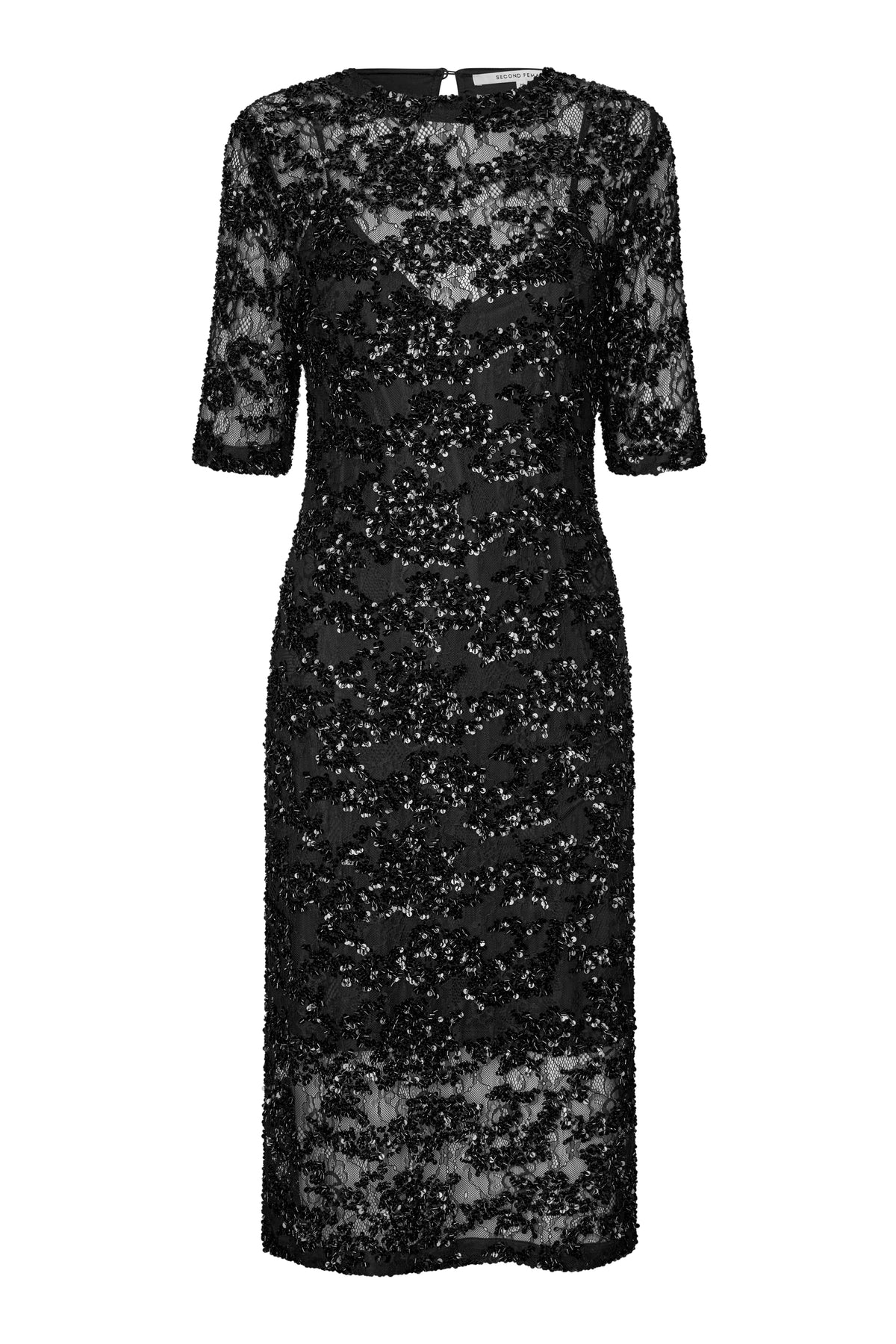 A black lace and sequin midi dress with elbow-length sleeves, shown against a plain white background.