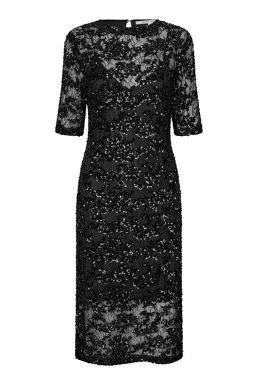 A black lace and sequin midi dress with elbow-length sleeves, shown against a plain white background.