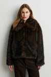 Woman wearing a dark brown fur coat against a plain background from Second Female