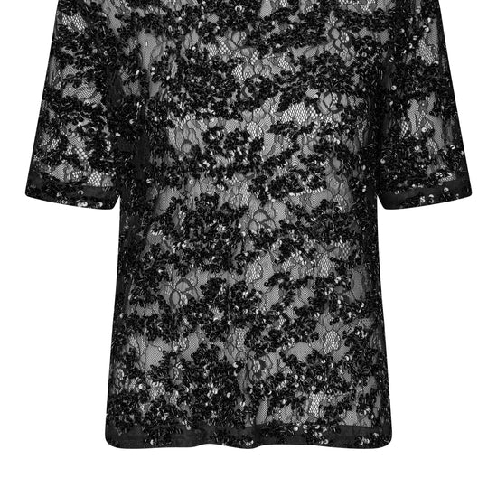 A black and gray floral lace short-sleeve top with a round neckline, shown against a plain white background.