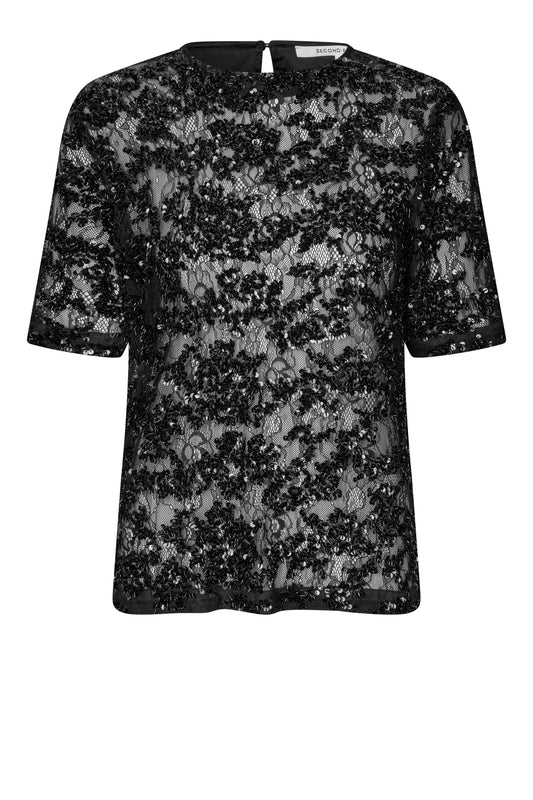 A black and gray floral lace short-sleeve top with a round neckline, shown against a plain white background.