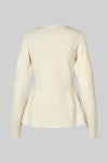 A cream-colored ribbed knit cardigan sweater with long sleeves and a peplum waist, shown from the back on a solid gray background.