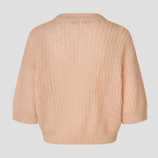 Rear view of short sleeve open weave pale pink knit