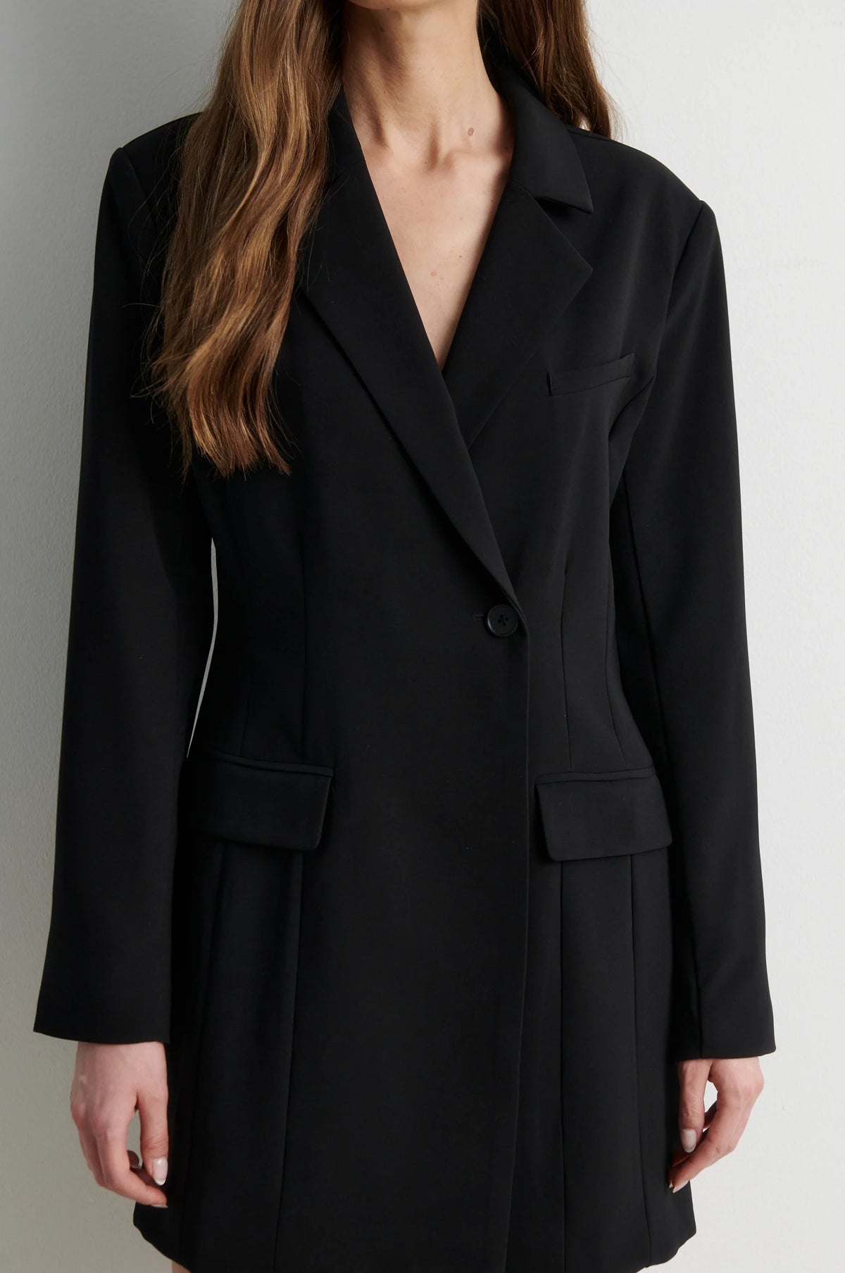 black blazer minidress on model