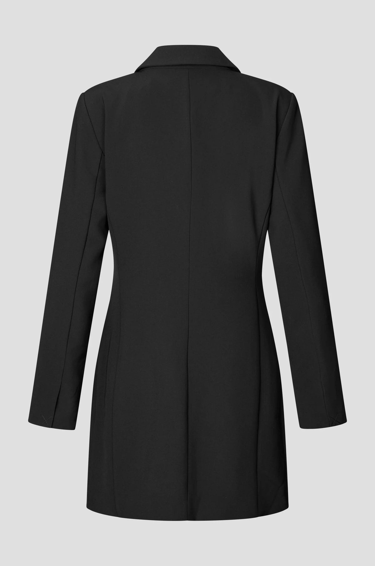 A black longline blazer dress shown from the back, featuring a structured collar and long sleeves, photographed against a solid light gray background.