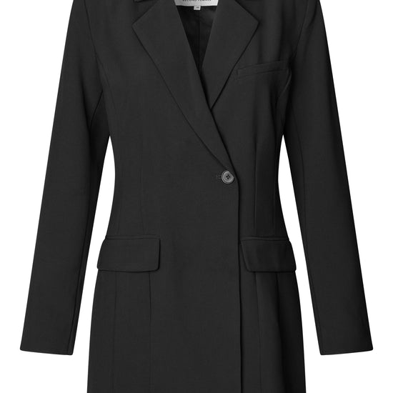 A black longline blazer with a single button closure, notched lapels, and front flap pockets, shown on a plain white background.