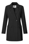 A black longline blazer with a single button closure, notched lapels, and front flap pockets, shown on a plain white background.