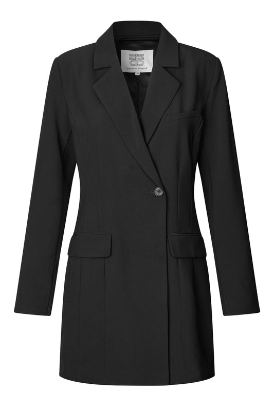 A black longline blazer with a single button closure, notched lapels, and front flap pockets, shown on a plain white background.